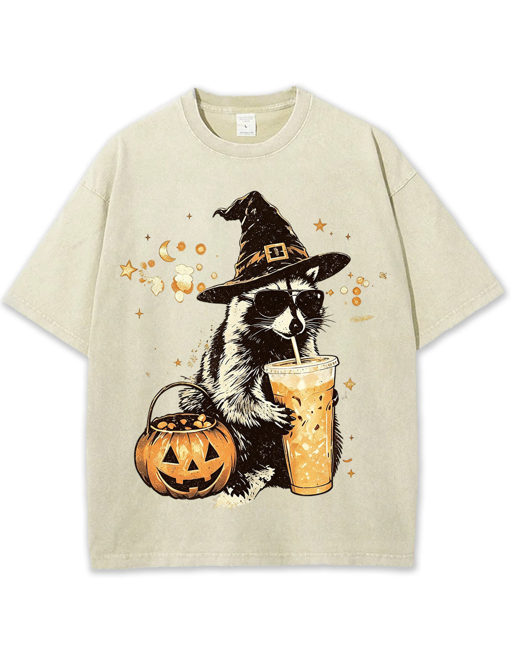 Wizard Raccoon Halloween Coffee Graphic Vintage Washed T-Shirt