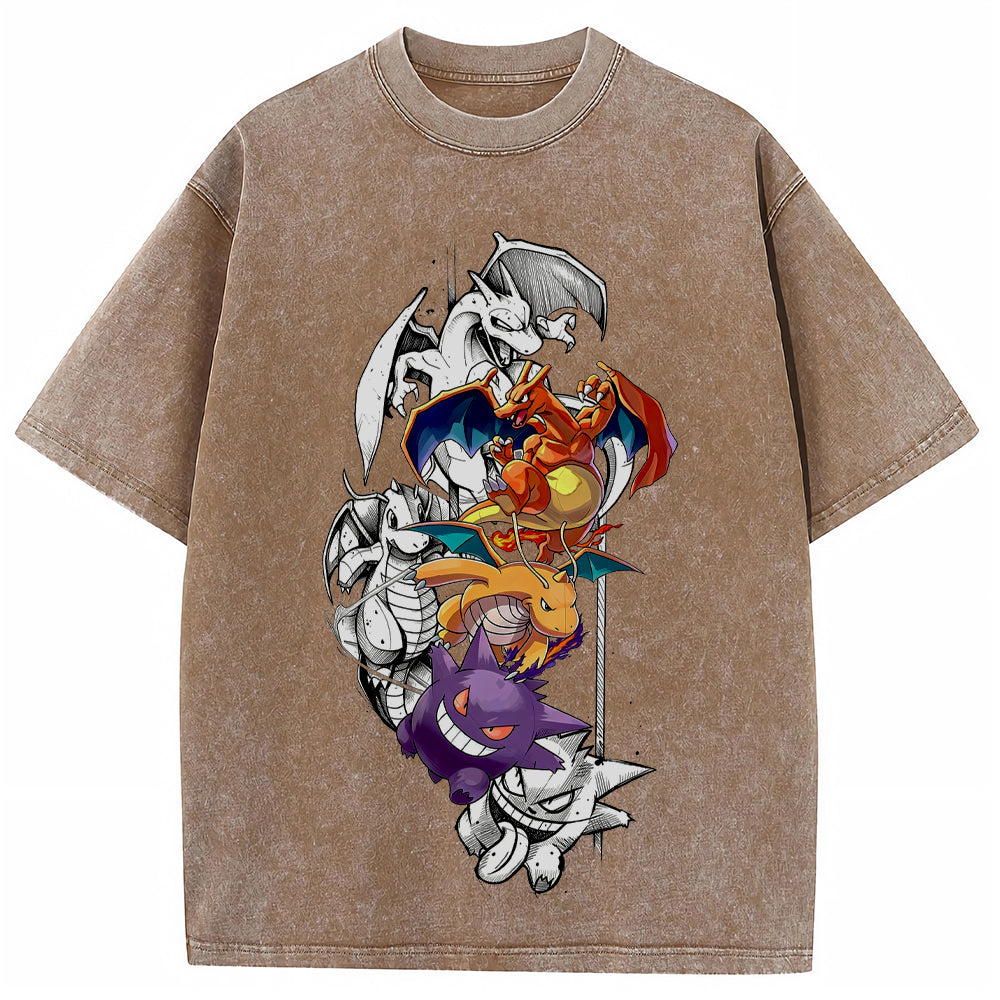Grunge Sketch Dragon Ghost Group Wash Vintage Tee | Pokemon Anime
