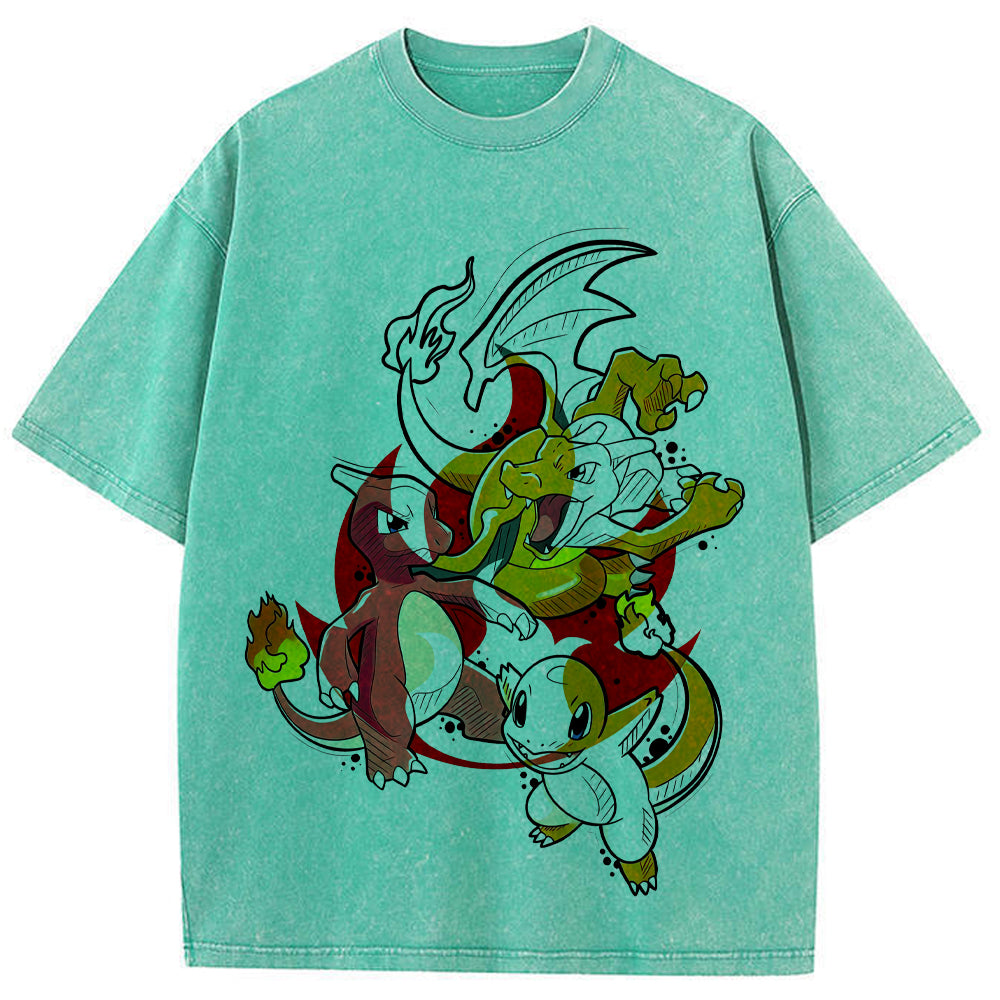 Retro Splash Charizard Evolution Wash Vintage Tee | Pokemon Anime