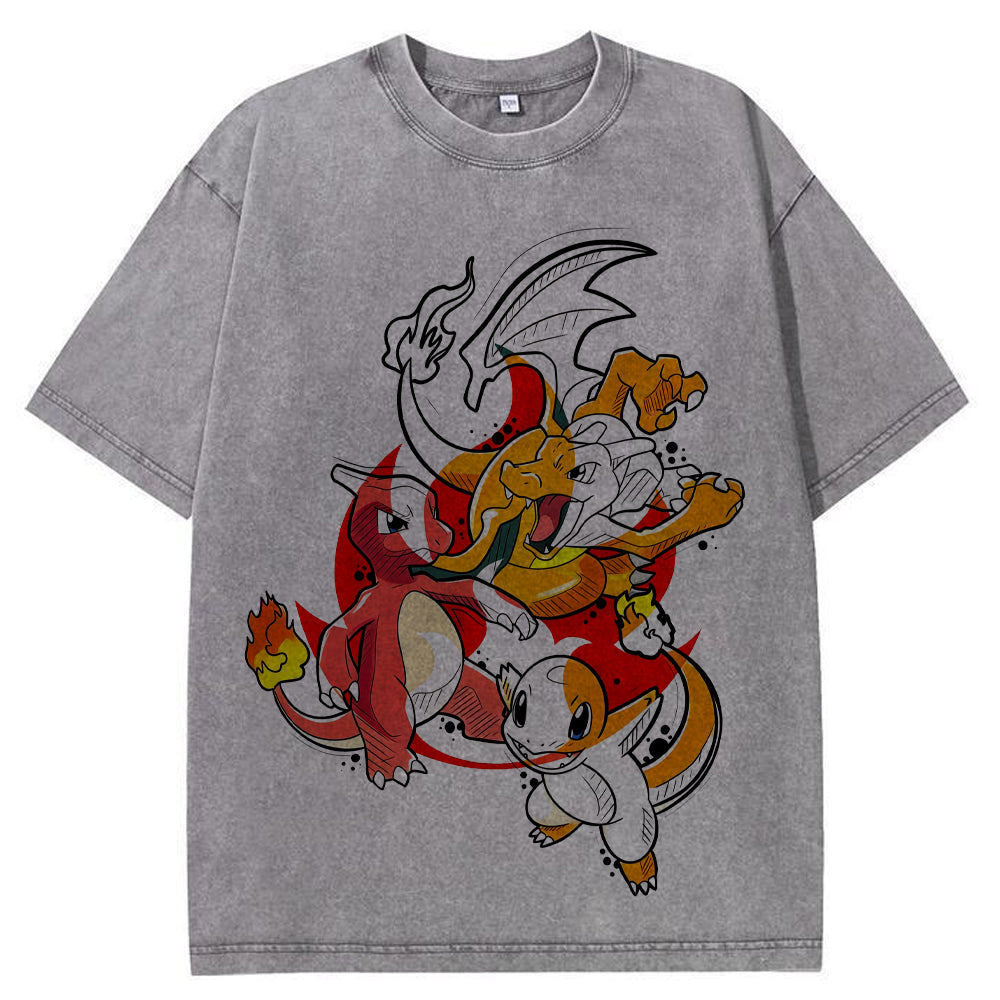 Retro Splash Charizard Evolution Wash Vintage Tee | Pokemon Anime