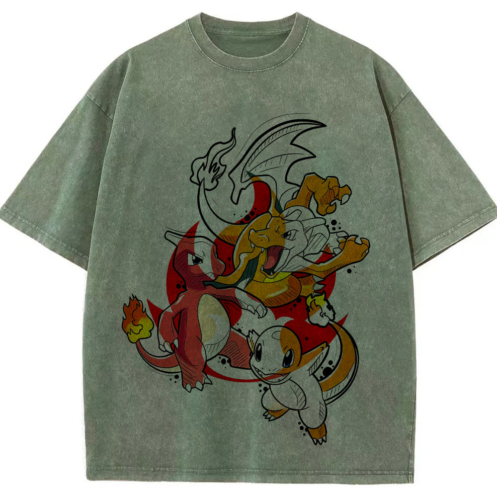 Retro Splash Charizard Evolution Wash Vintage Tee | Pokemon Anime