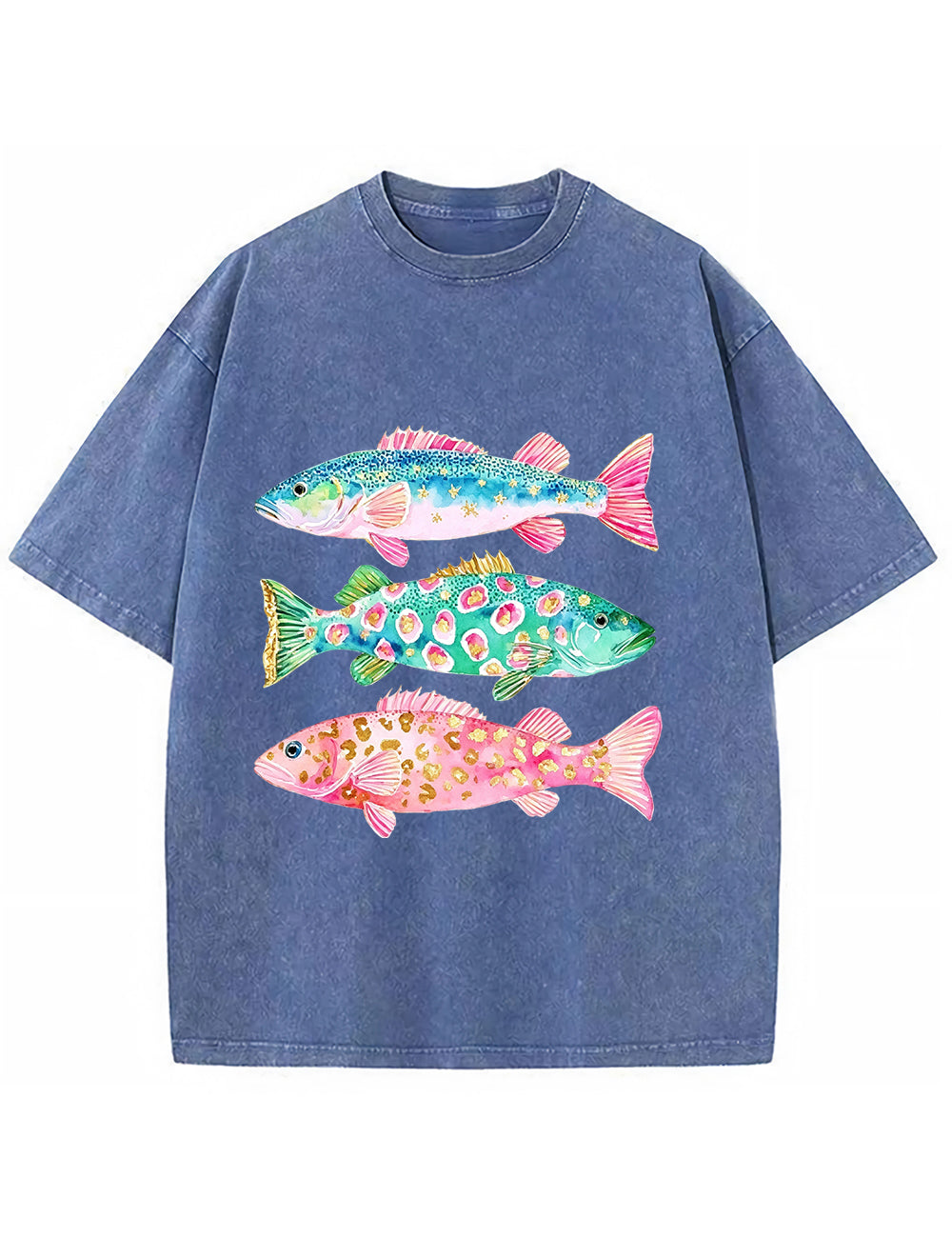 Vintage Washed Colorful Leopard Fish Graphic T‑Shirt