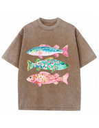 Vintage Washed Colorful Leopard Fish Graphic T‑Shirt