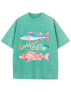 Vintage Washed Colorful Leopard Fish Graphic T‑Shirt