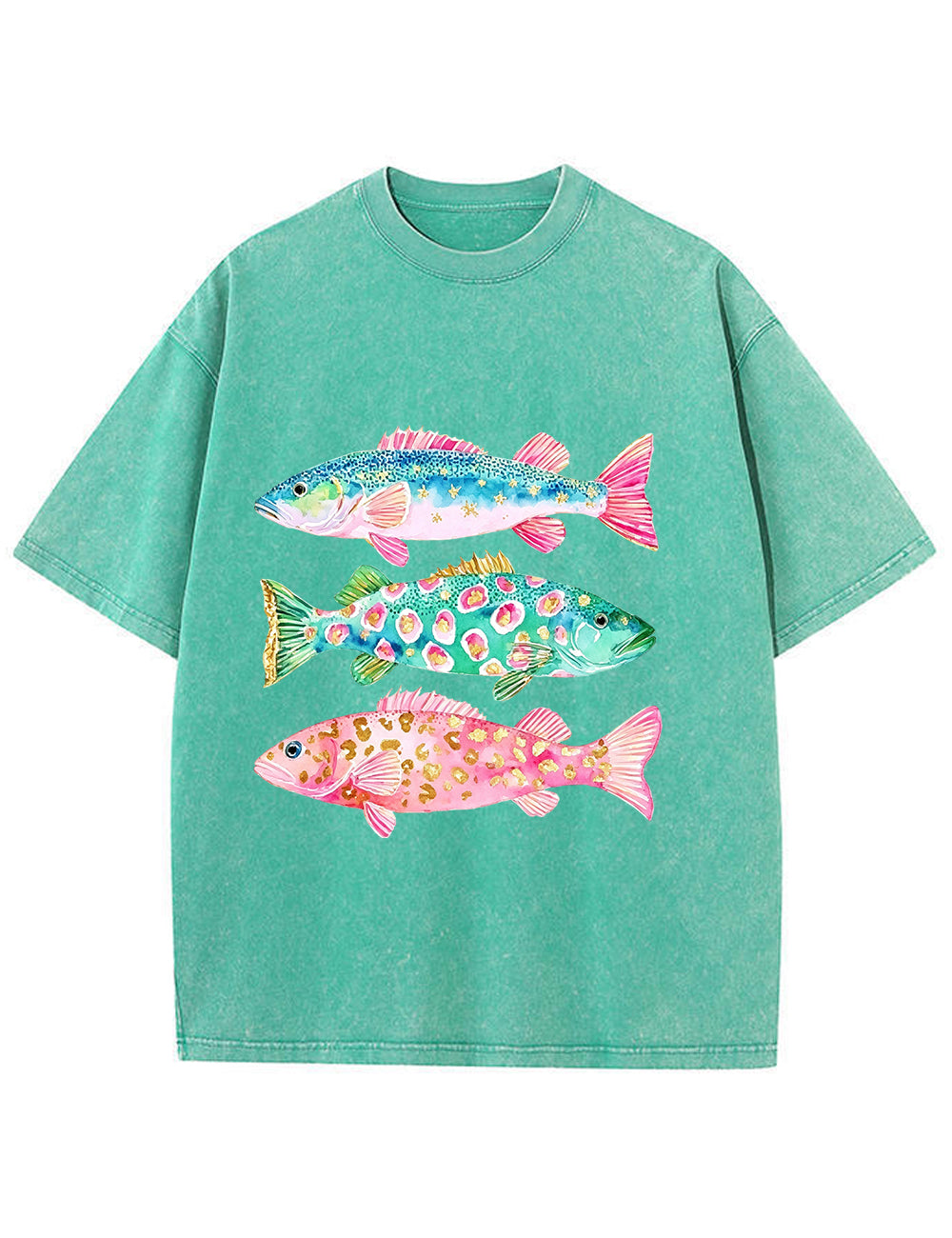 Vintage Washed Colorful Leopard Fish Graphic T‑Shirt