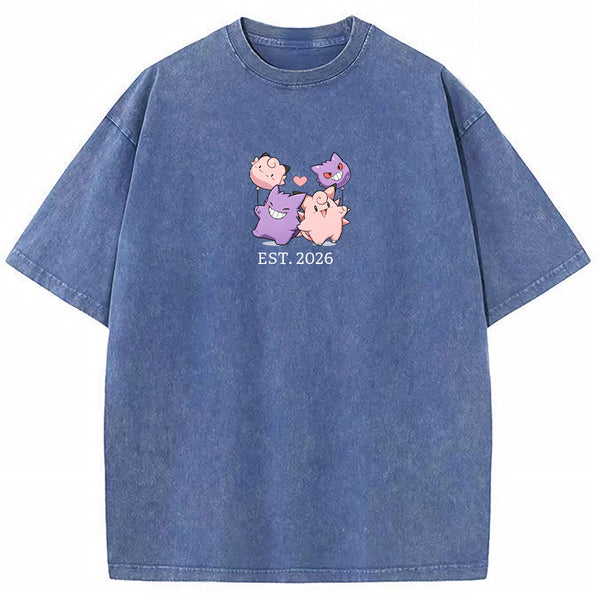 Cute Couple Tone Clefairy Gengar Heart Vintage Washed T-Shirt