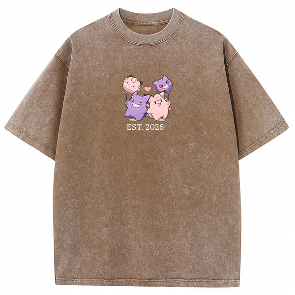 Cute Couple Tone Clefairy Gengar Heart Vintage Washed T-Shirt