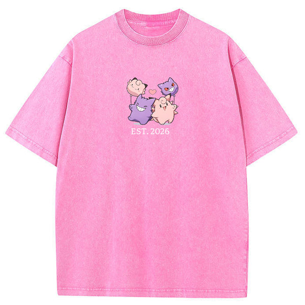 Cute Couple Tone Clefairy Gengar Heart Vintage Washed T-Shirt