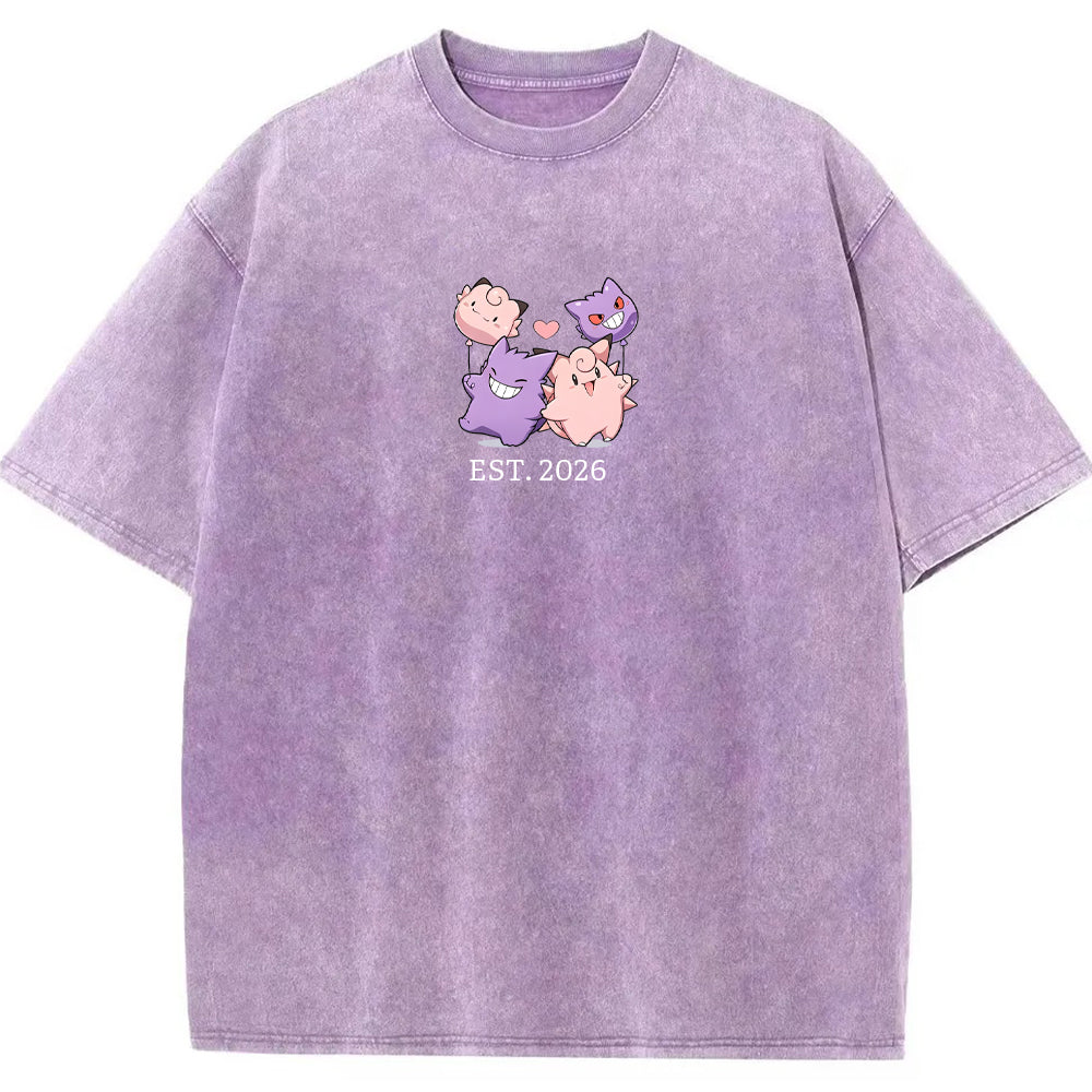 Cute Couple Tone Clefairy Gengar Heart Vintage Washed T-Shirt