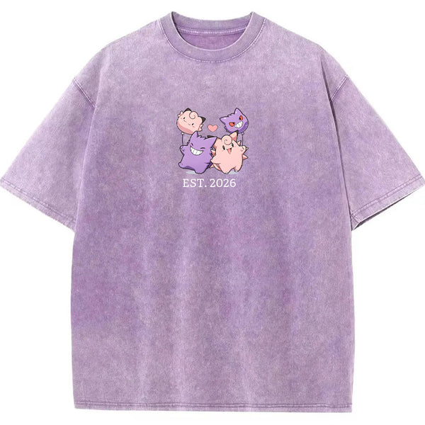 Cute Couple Tone Clefairy Gengar Heart Vintage Washed T-Shirt