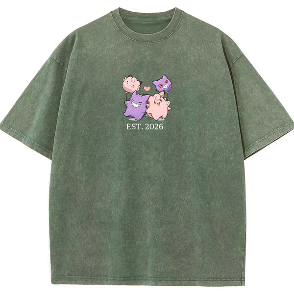 Cute Couple Tone Clefairy Gengar Heart Vintage Washed T-Shirt