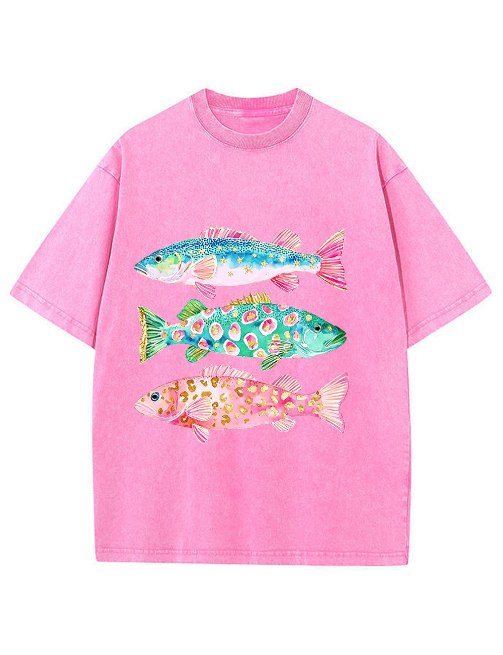 Vintage Washed Colorful Leopard Fish Graphic T‑Shirt