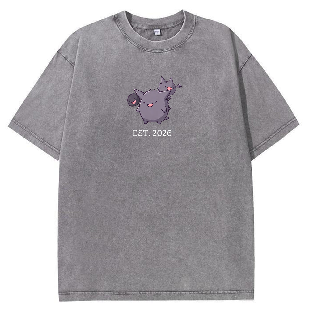 Cute Parent & Kid Gastly Haunter Gengar Cartoon Vintage Washed T-Shirt
