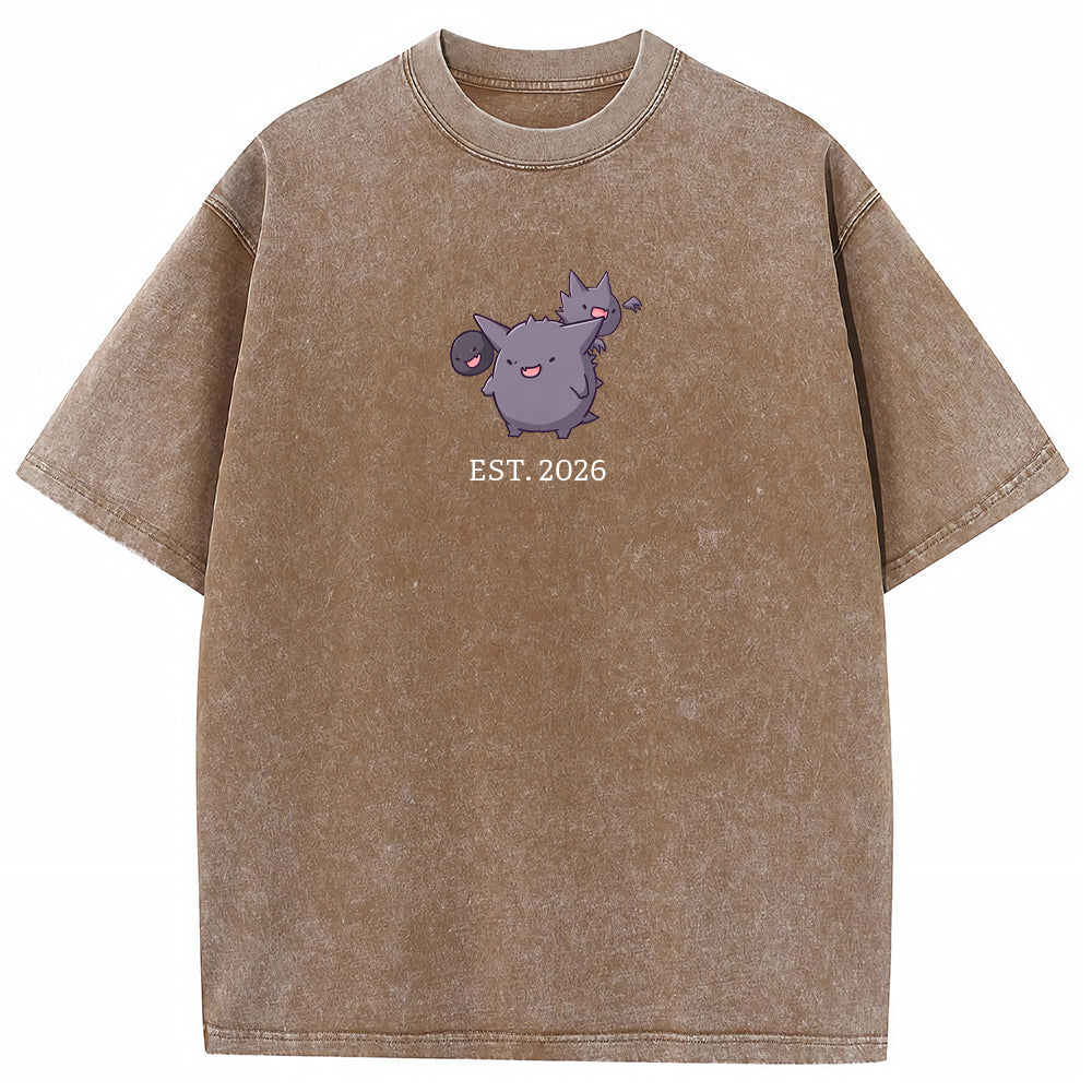 Cute Parent & Kid Gastly Haunter Gengar Cartoon Vintage Washed T-Shirt
