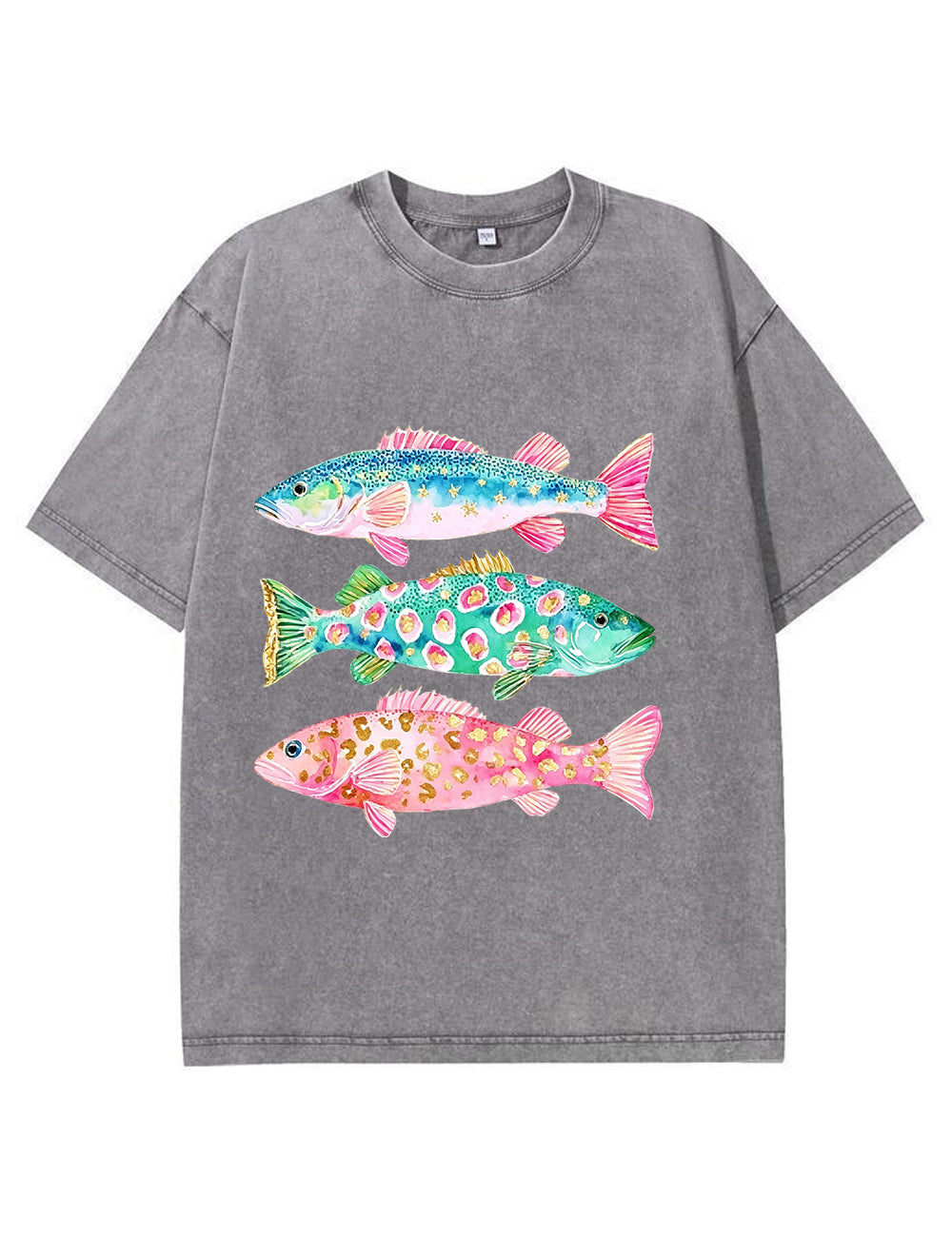 Vintage Washed Colorful Leopard Fish Graphic T‑Shirt