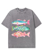 Vintage Washed Colorful Leopard Fish Graphic T‑Shirt