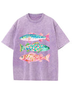 Vintage Washed Colorful Leopard Fish Graphic T‑Shirt