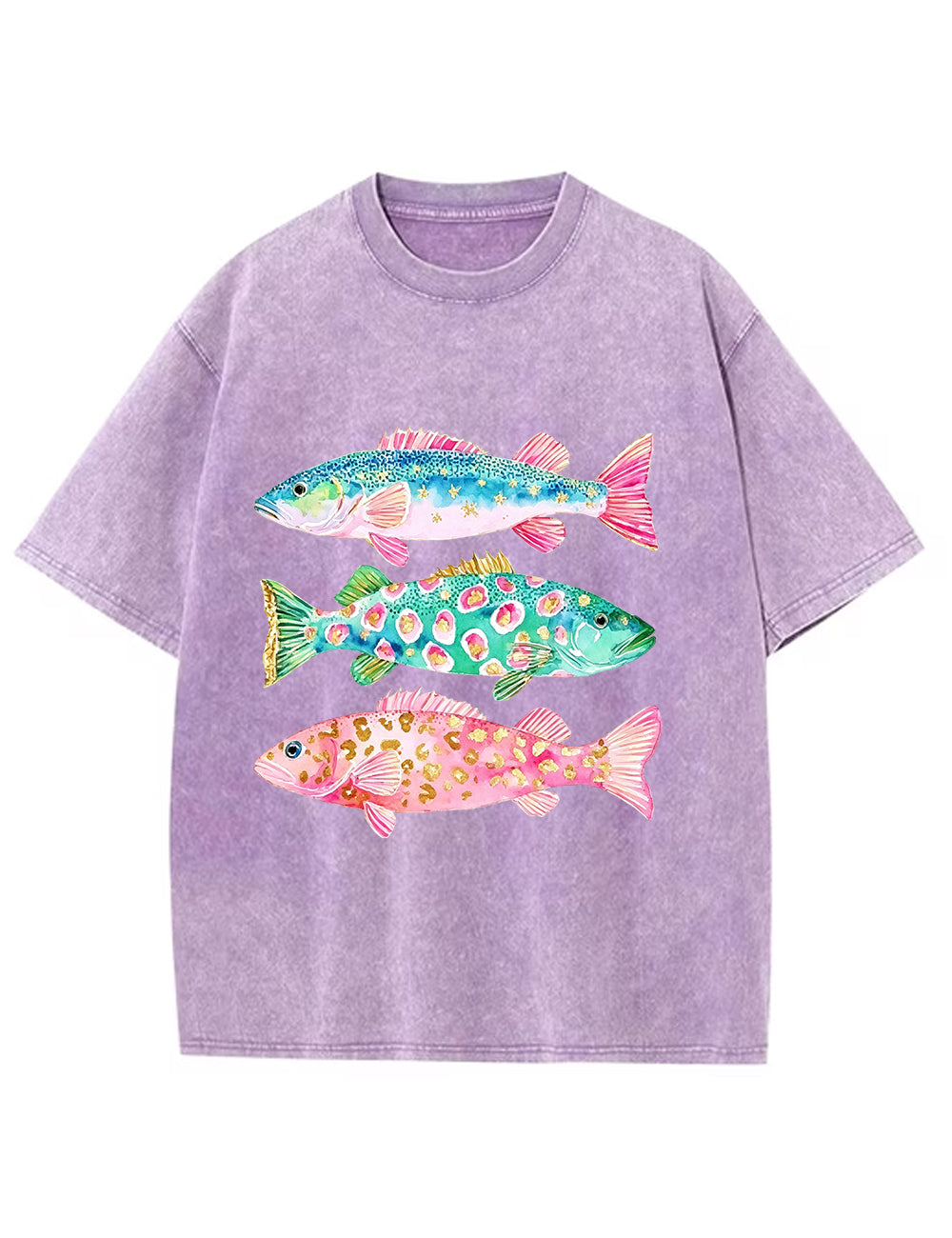 Vintage Washed Colorful Leopard Fish Graphic T‑Shirt