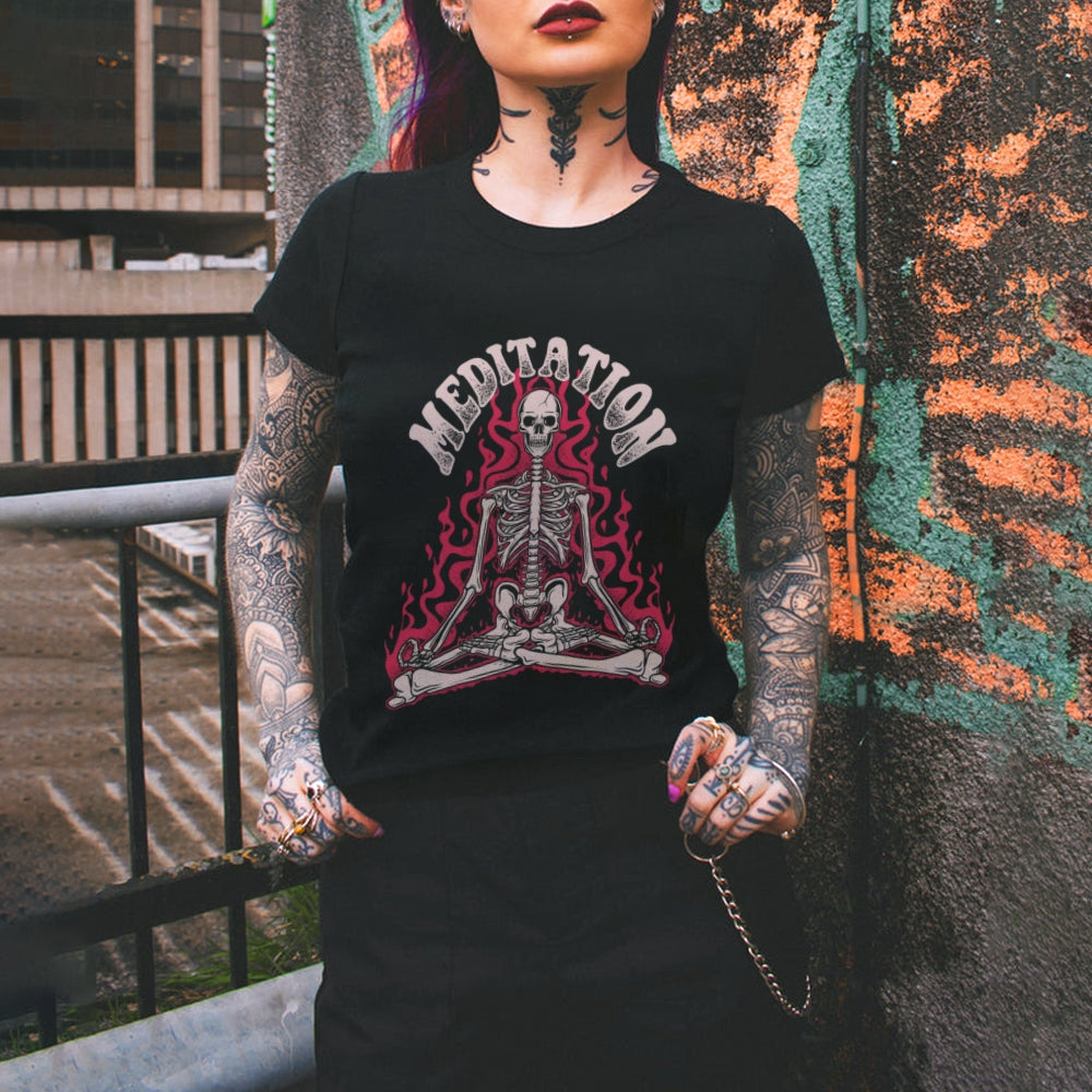 Meditation Skull Women Round Neck Casual Short Sleeve T-Shirt