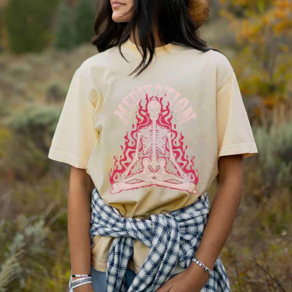 Meditation Skull Women Round Neck Casual Short Sleeve T-Shirt