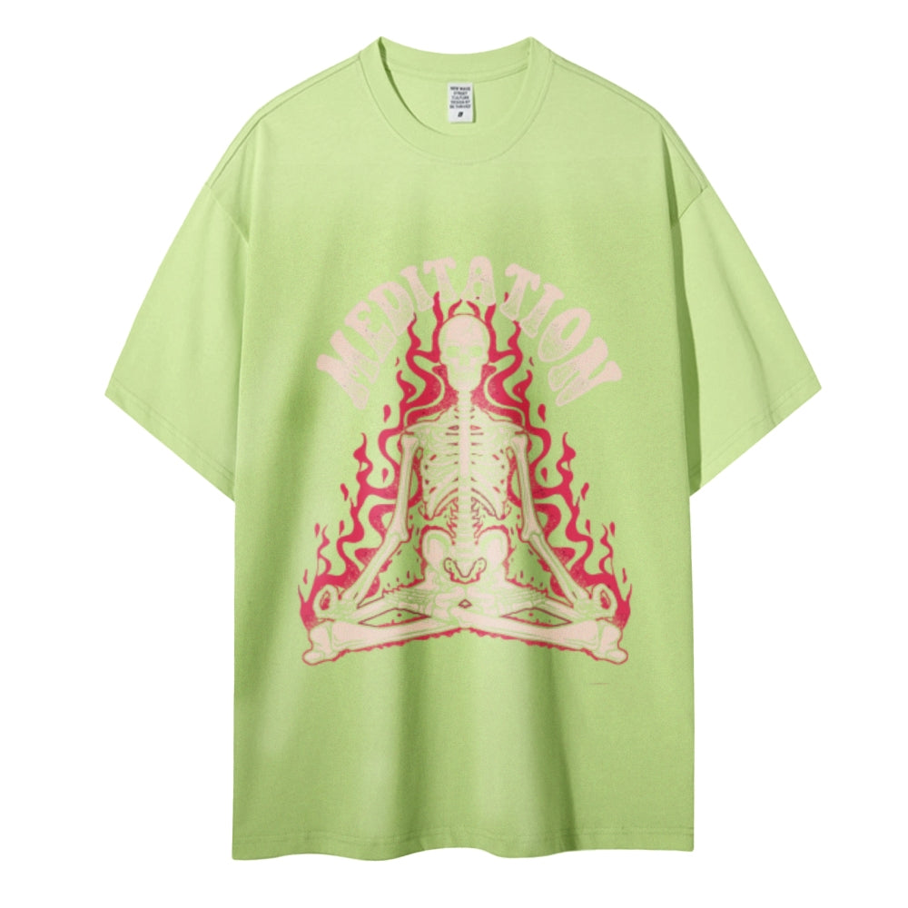 Meditation Skull Women Round Neck Casual Short Sleeve T-Shirt