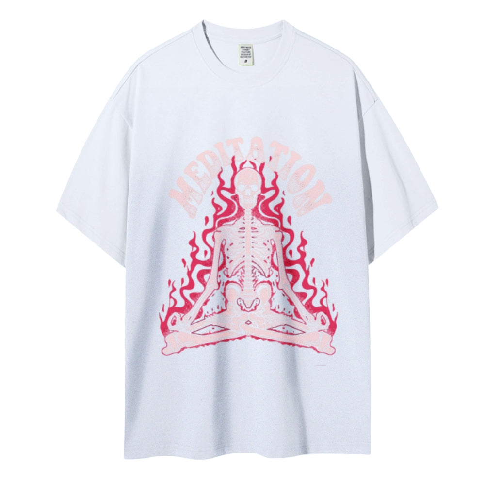 Meditation Skull Women Round Neck Casual Short Sleeve T-Shirt