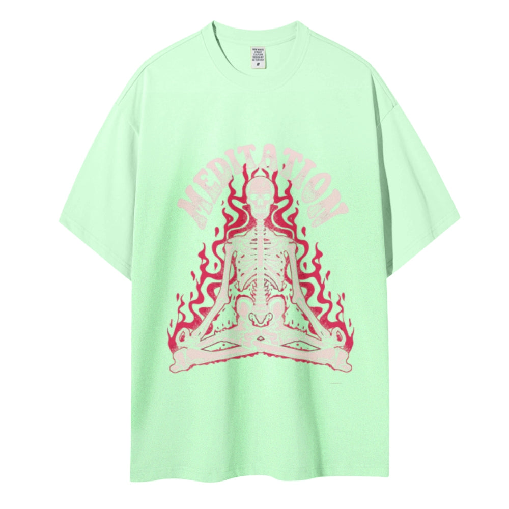Meditation Skull Women Round Neck Casual Short Sleeve T-Shirt