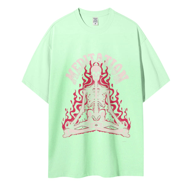 Meditation Skull Women Round Neck Casual Short Sleeve T-Shirt