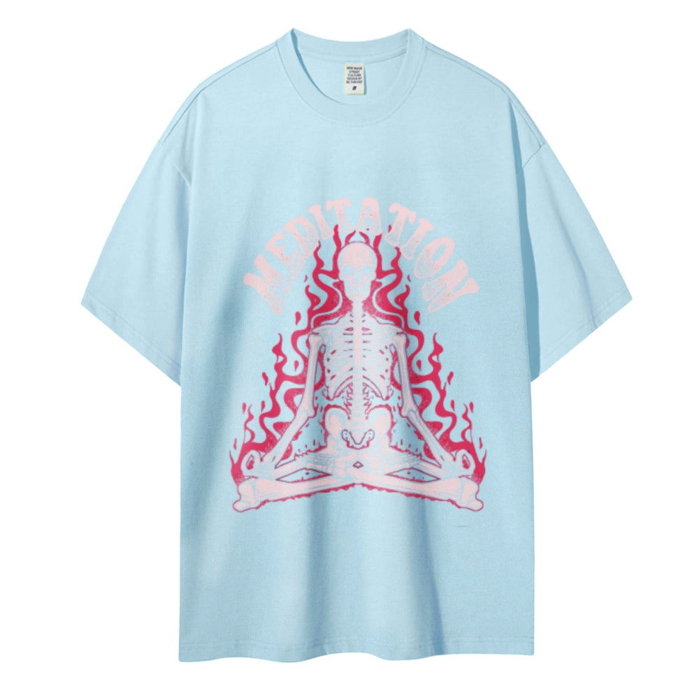 Meditation Skull Women Round Neck Casual Short Sleeve T-Shirt