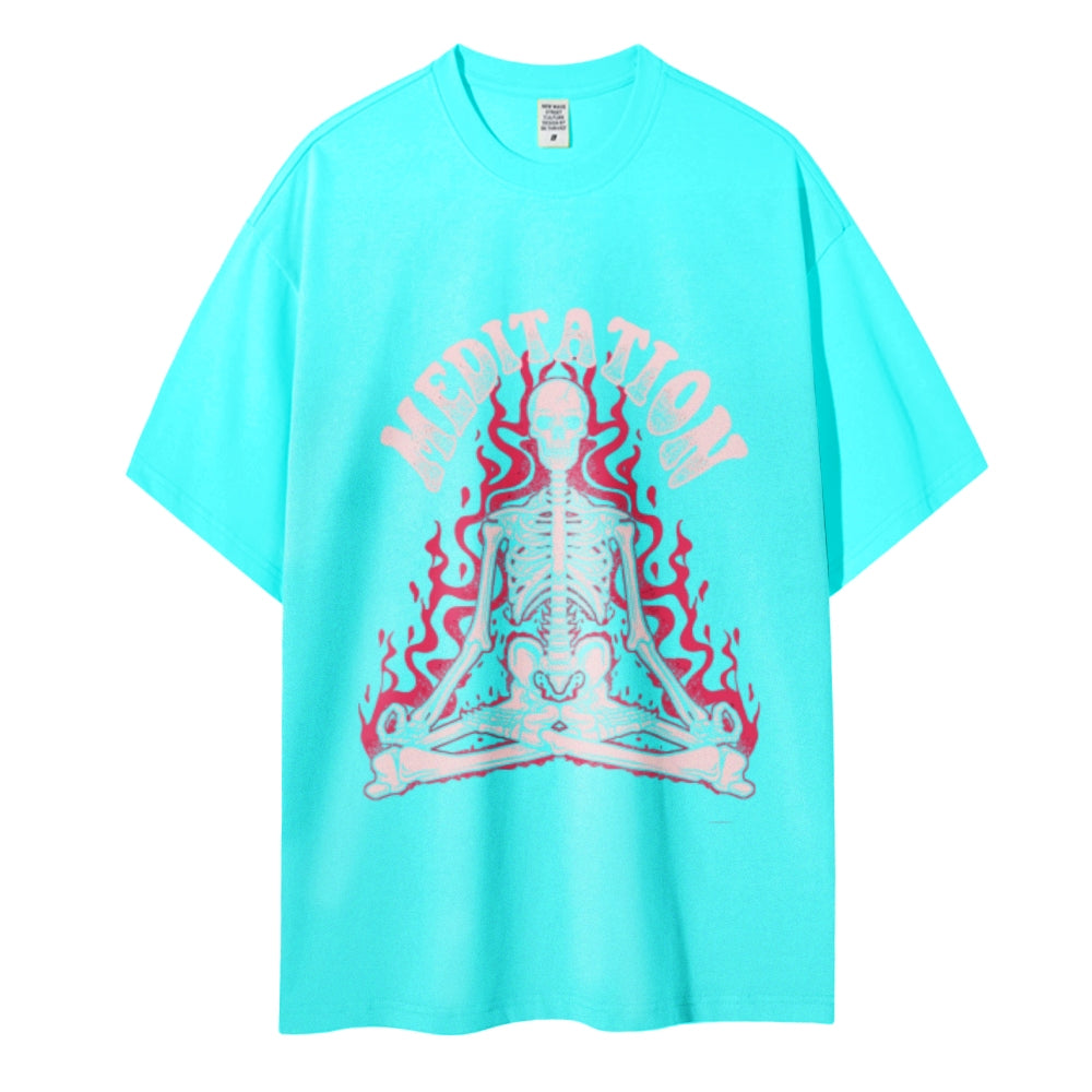 Meditation Skull Women Round Neck Casual Short Sleeve T-Shirt