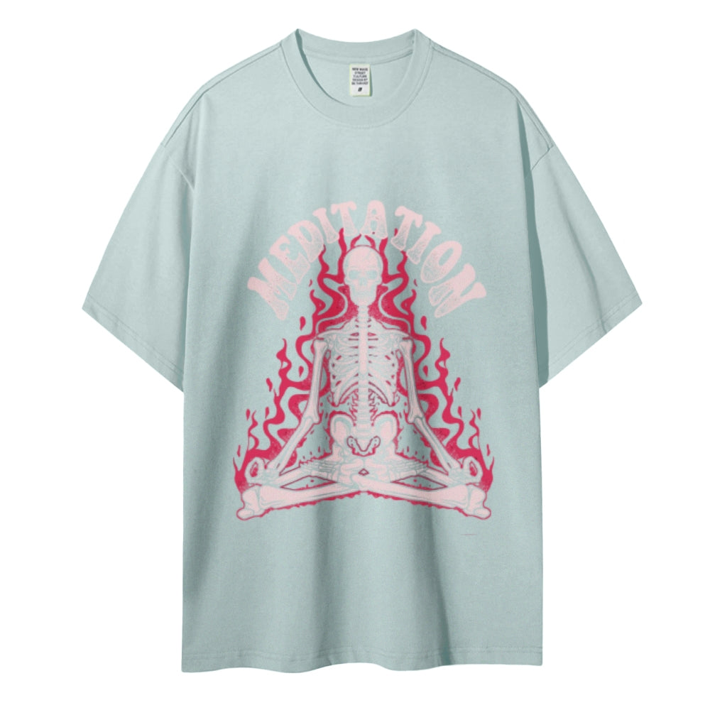 Meditation Skull Women Round Neck Casual Short Sleeve T-Shirt
