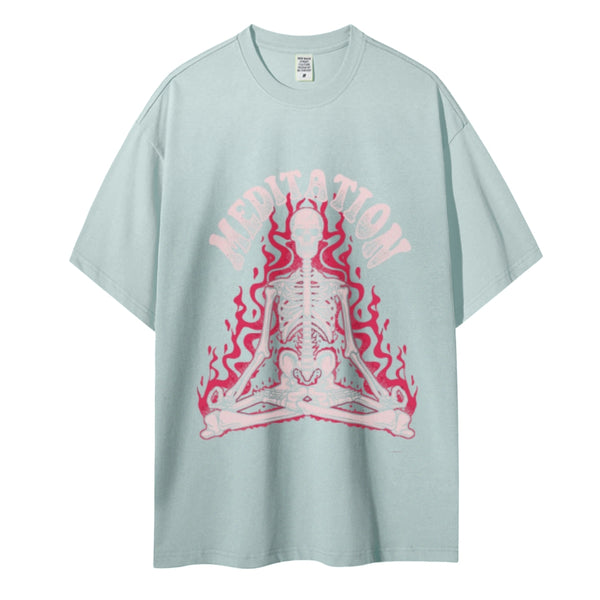 Meditation Skull Women Round Neck Casual Short Sleeve T-Shirt