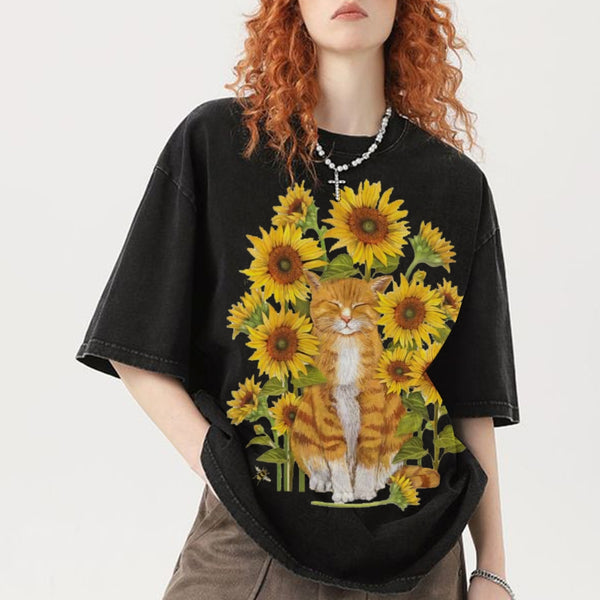 Sunflower Cat Unisex Vintage Washed Tee
