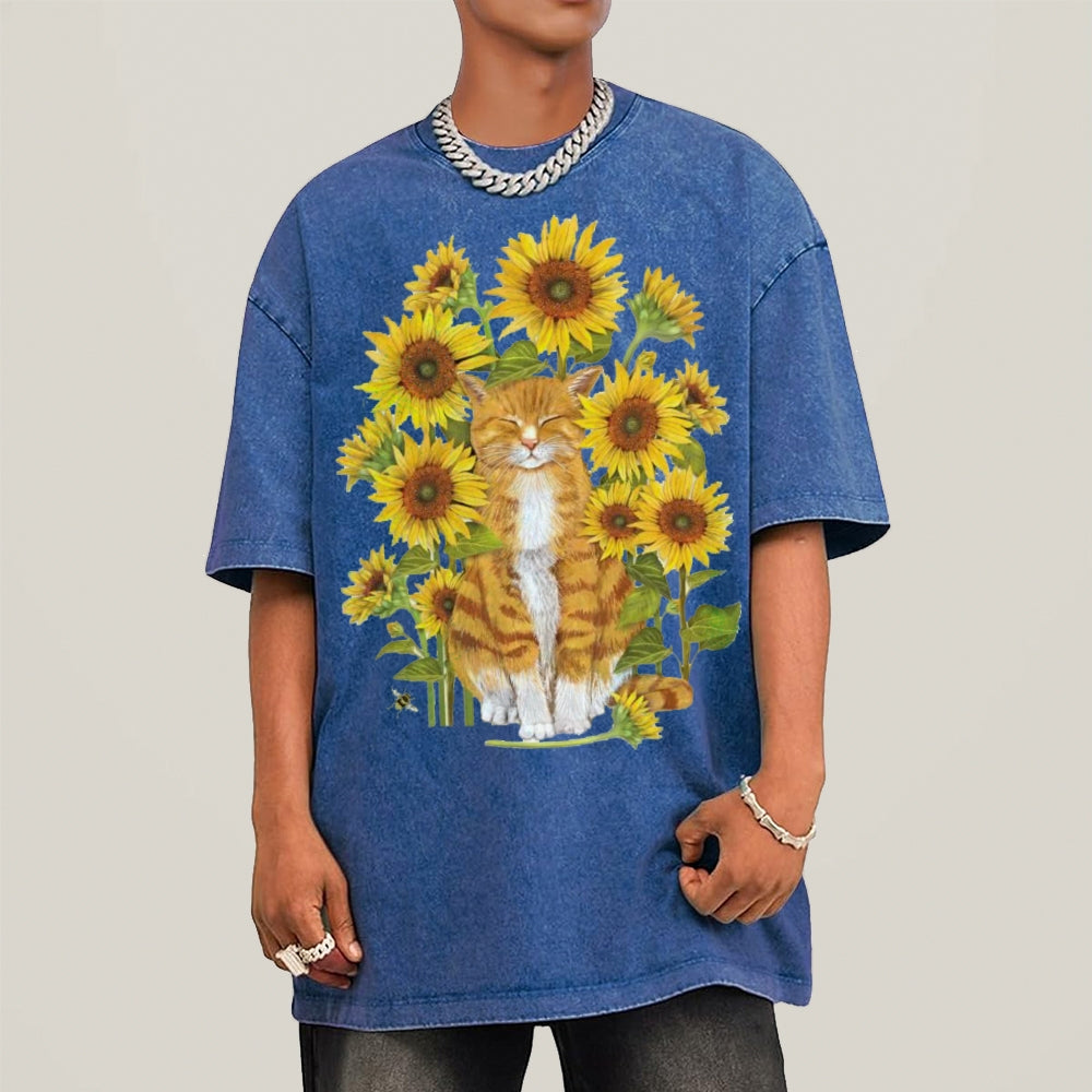 Sunflower Cat Unisex Vintage Washed Tee