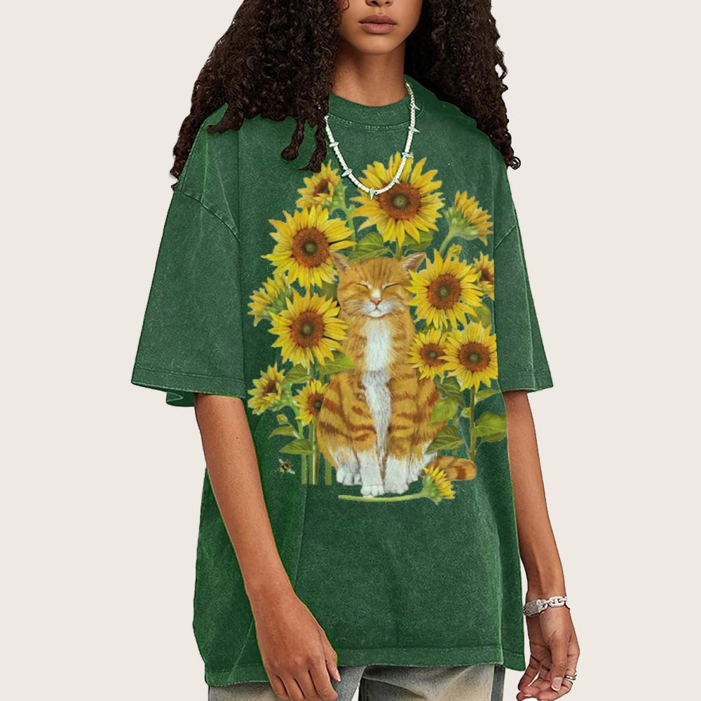 Sunflower Cat Unisex Vintage Washed Tee