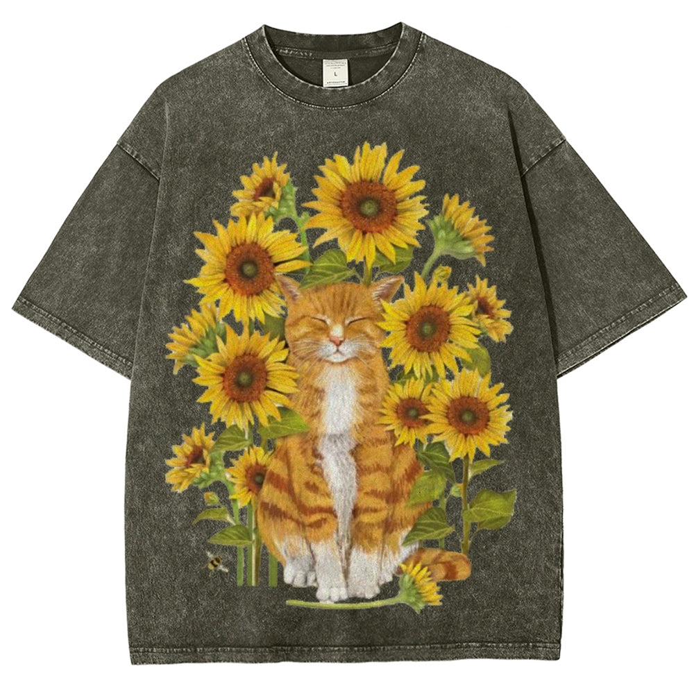 Sunflower Cat Unisex Vintage Washed Tee