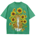 Sunflower Cat Unisex Vintage Washed Tee