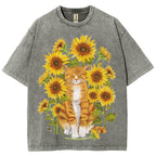 Sunflower Cat Unisex Vintage Washed Tee