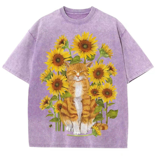 Sunflower Cat Unisex Vintage Washed Tee