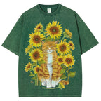 Sunflower Cat Unisex Vintage Washed Tee