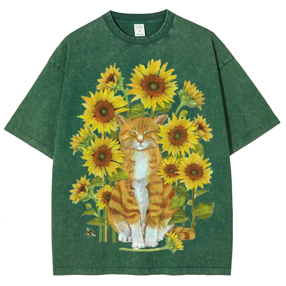 Sunflower Cat Unisex Vintage Washed Tee