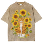 Sunflower Cat Unisex Vintage Washed Tee