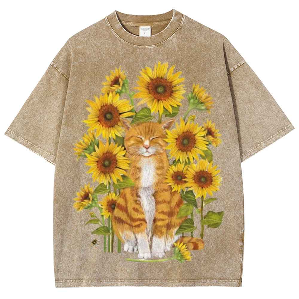 Sunflower Cat Unisex Vintage Washed Tee