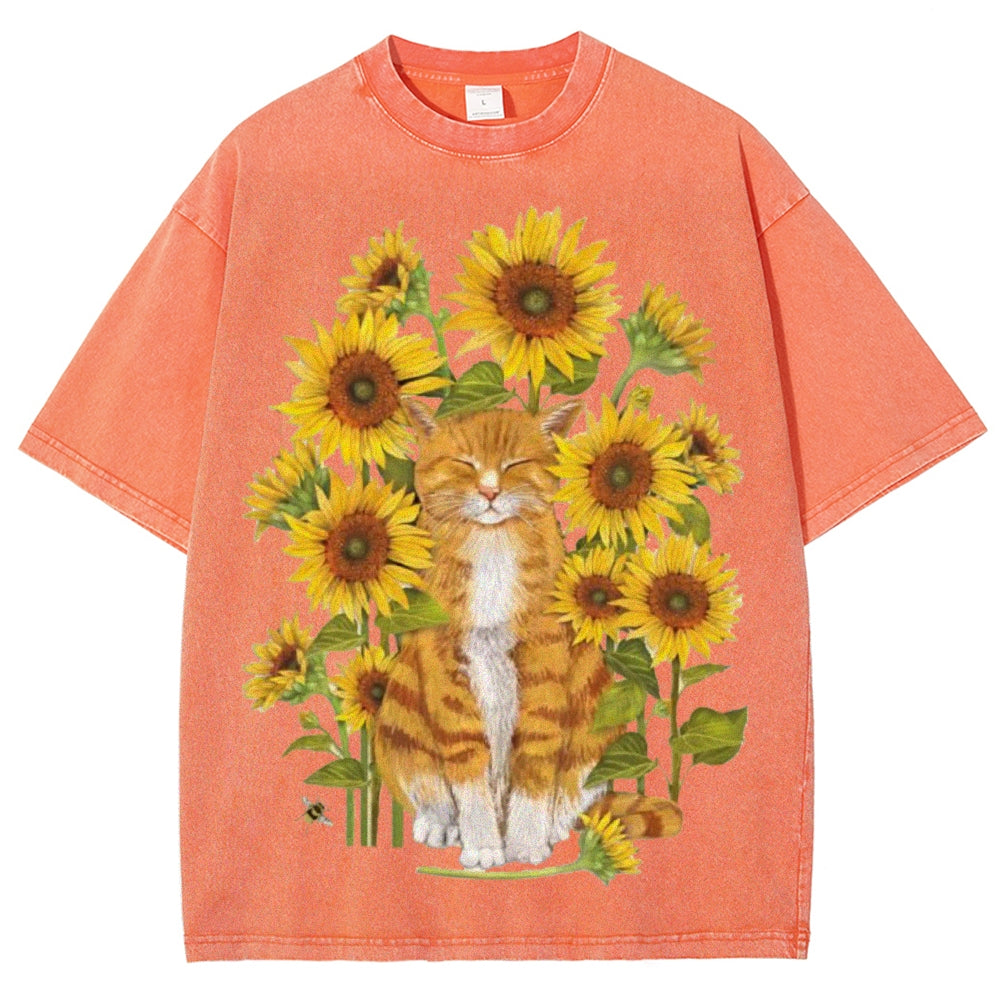 Sunflower Cat Unisex Vintage Washed Tee