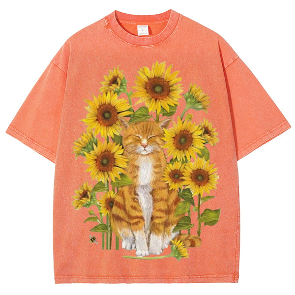Sunflower Cat Unisex Vintage Washed Tee