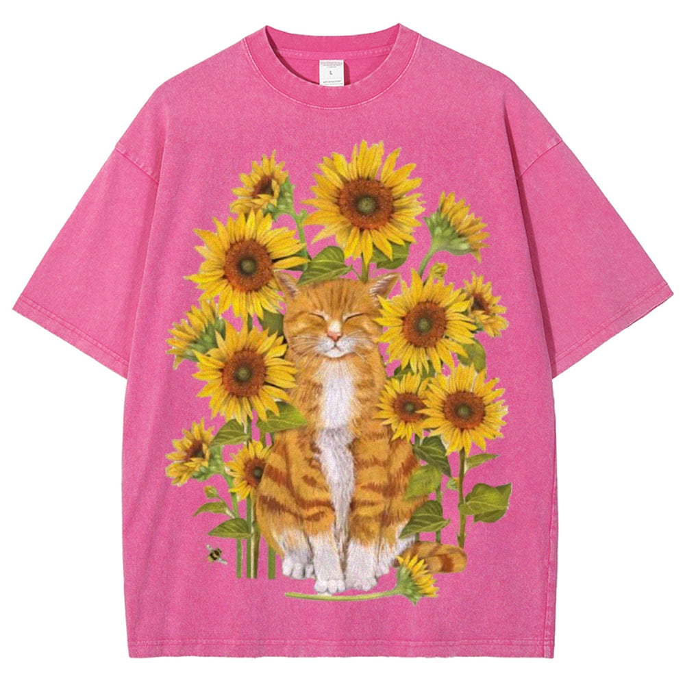 Sunflower Cat Unisex Vintage Washed Tee