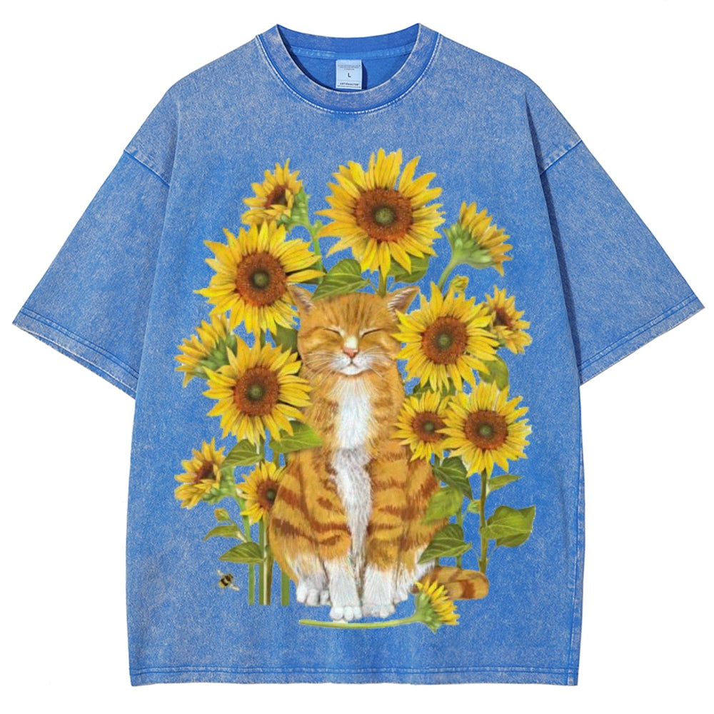 Sunflower Cat Unisex Vintage Washed Tee