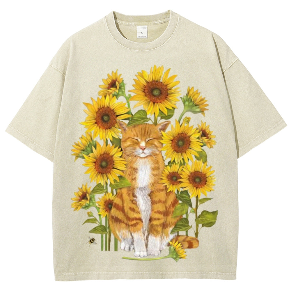 Sunflower Cat Unisex Vintage Washed Tee