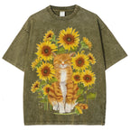 Sunflower Cat Unisex Vintage Washed Tee