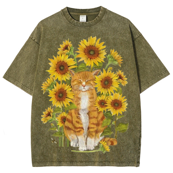 Sunflower Cat Unisex Vintage Washed Tee